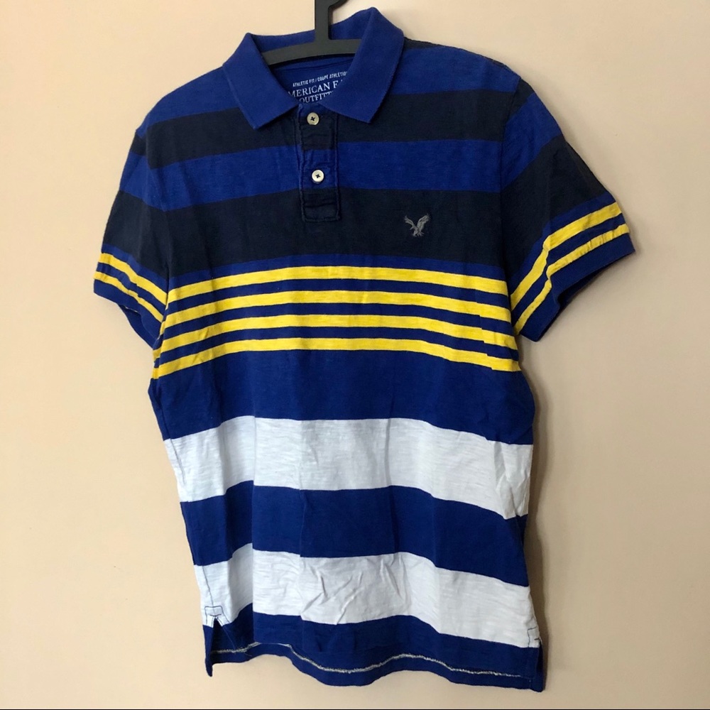 American Eagle Blue, Yellow & White Striped Polo